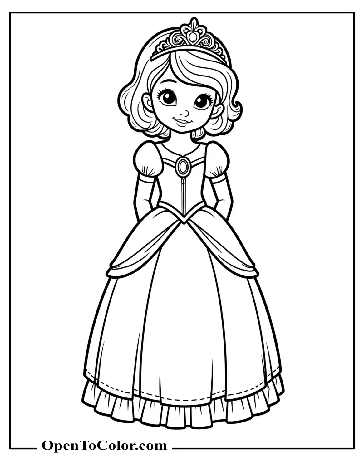 Princess Sofia the First coloring page PDF with short wavy hair, wearing her signature purple dress and amulet