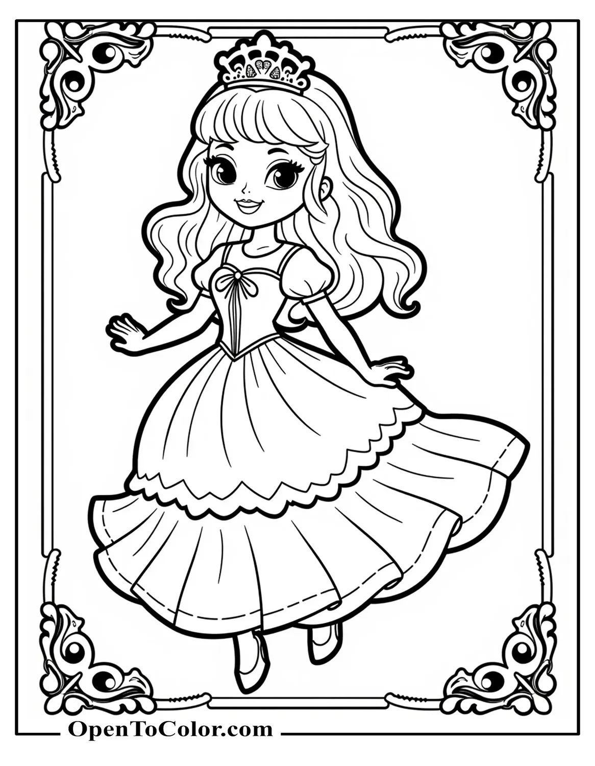 Princess Strawberry Shortcake Twirling In A Layered Gown With A Jeweled Crown, Ornate Frame, Coloring Sheet PDF