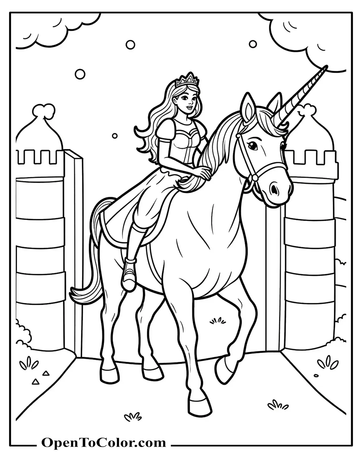 Printable Coloring Page of Princess Riding Unicorn Through a Castle Gate