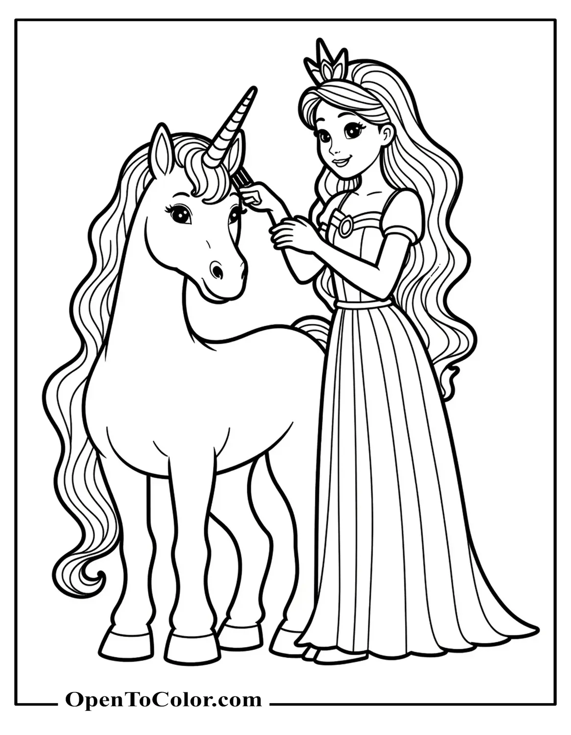 Printable Coloring Page of Princess Brushing Unicorn’s Mane