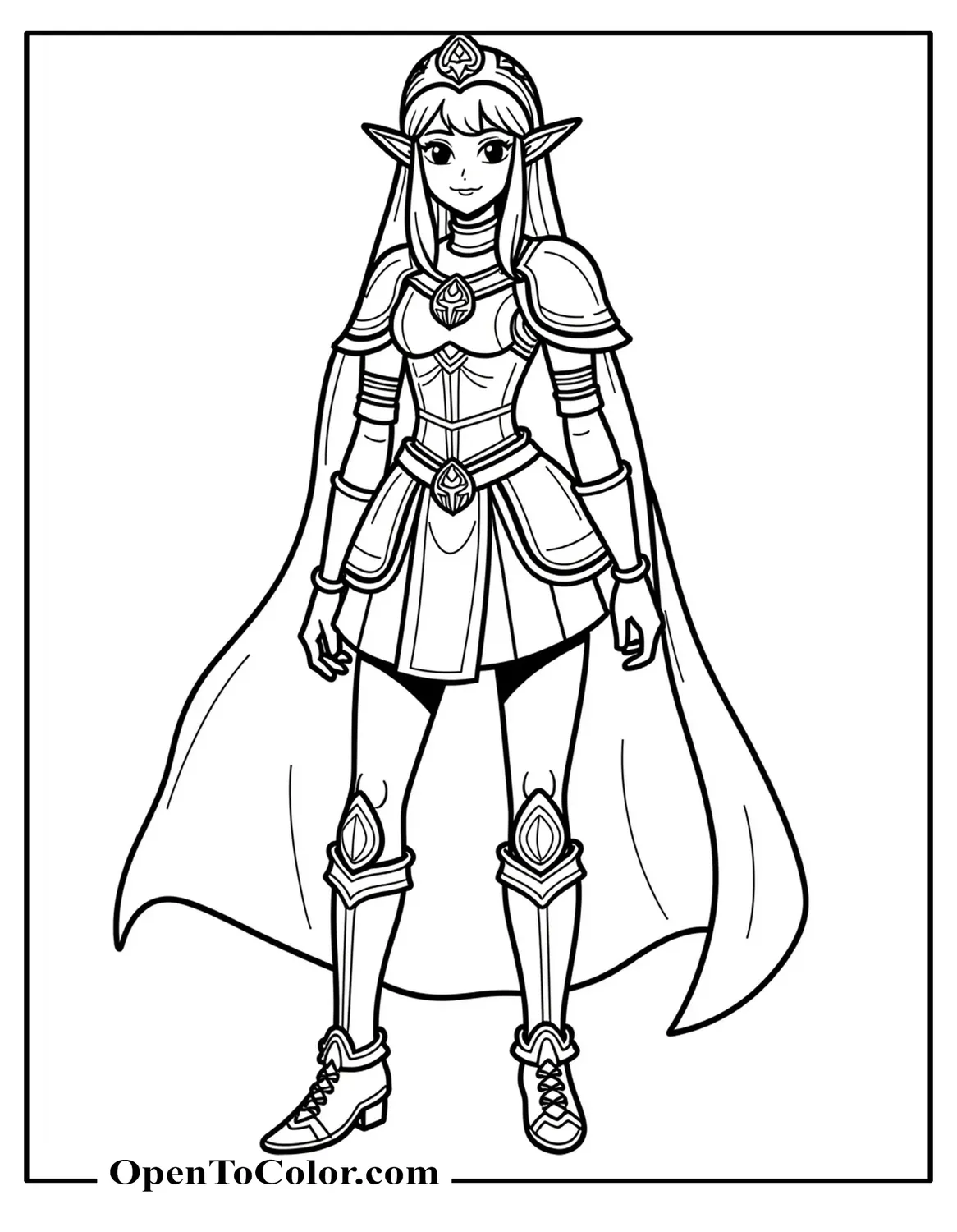 Princess Zelda with Long Pointed Ears, Royal Armor, and Triforce Necklace Coloring Sheet Printable