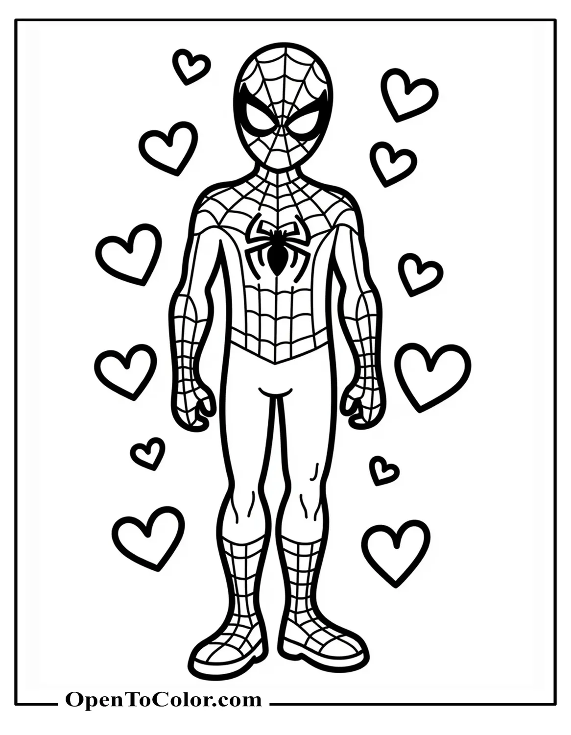 Free Coloring Sheet of Spiderman With Hearts Around Him