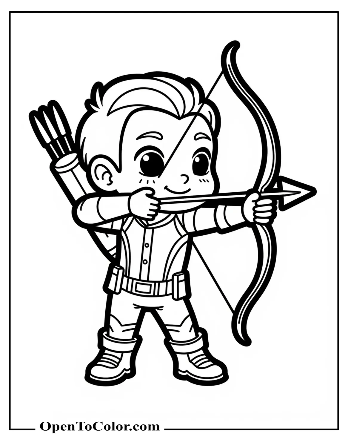 Printable Chibi Marvel Avenger Hawkeye Aiming Oversized Arrow with Playful Wink Coloring Page