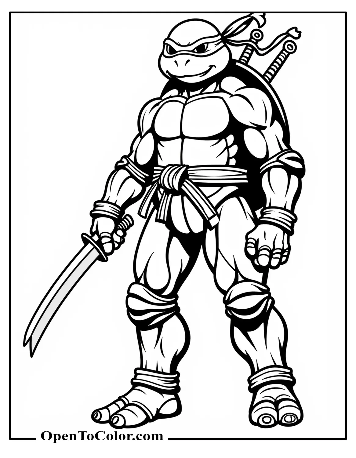 Free Coloring Page of Full-Body Ninja Turtle Michelangelo Standing Tall With Dual Nunchucks, Printable Outline