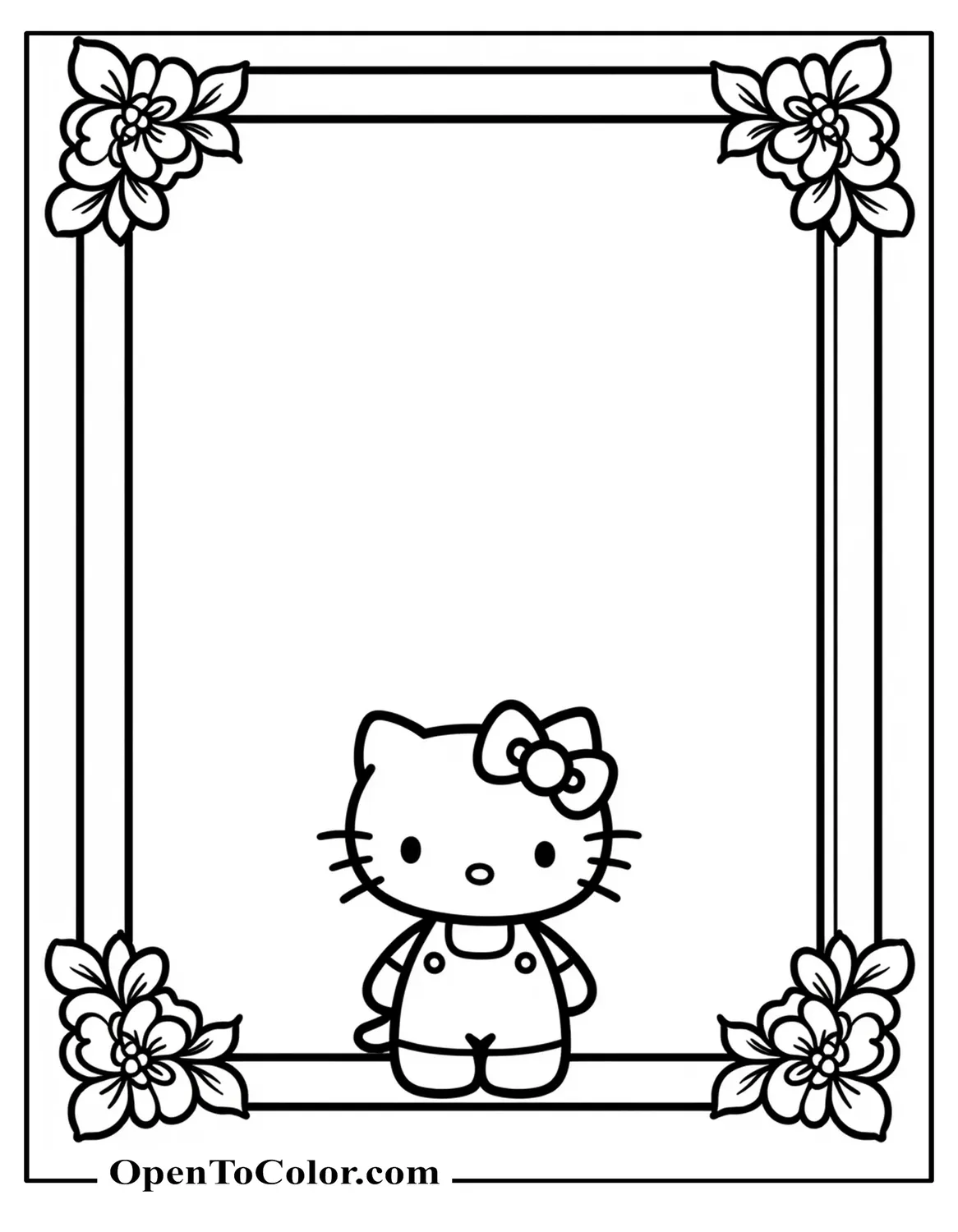 Free Hello Kitty Coloring Page Standing in Front of a Blank Frame with Floral Corners