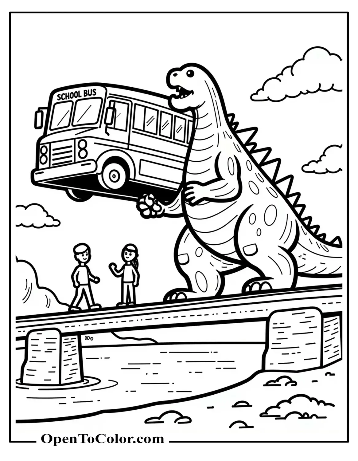 Printable coloring page of a friendly Godzilla gently lifting a school bus onto a bridge for children.