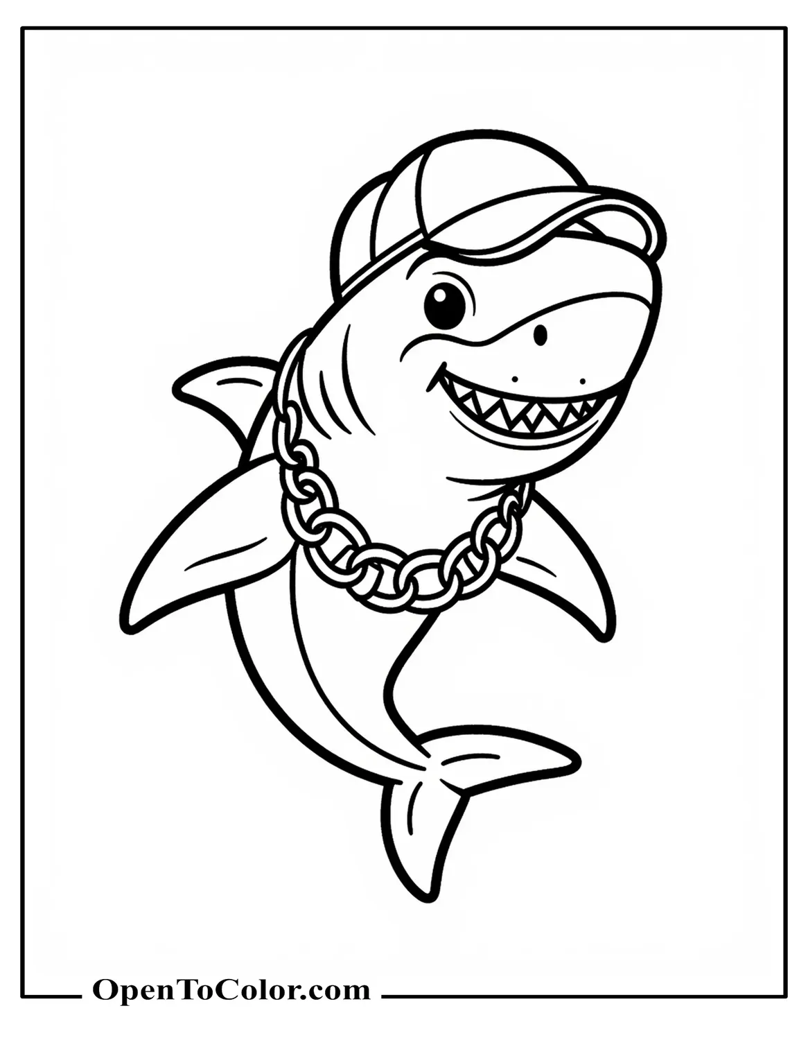 Cartoon shark character wearing a heavy gold necklace and a full cap coloring sheet PDF.