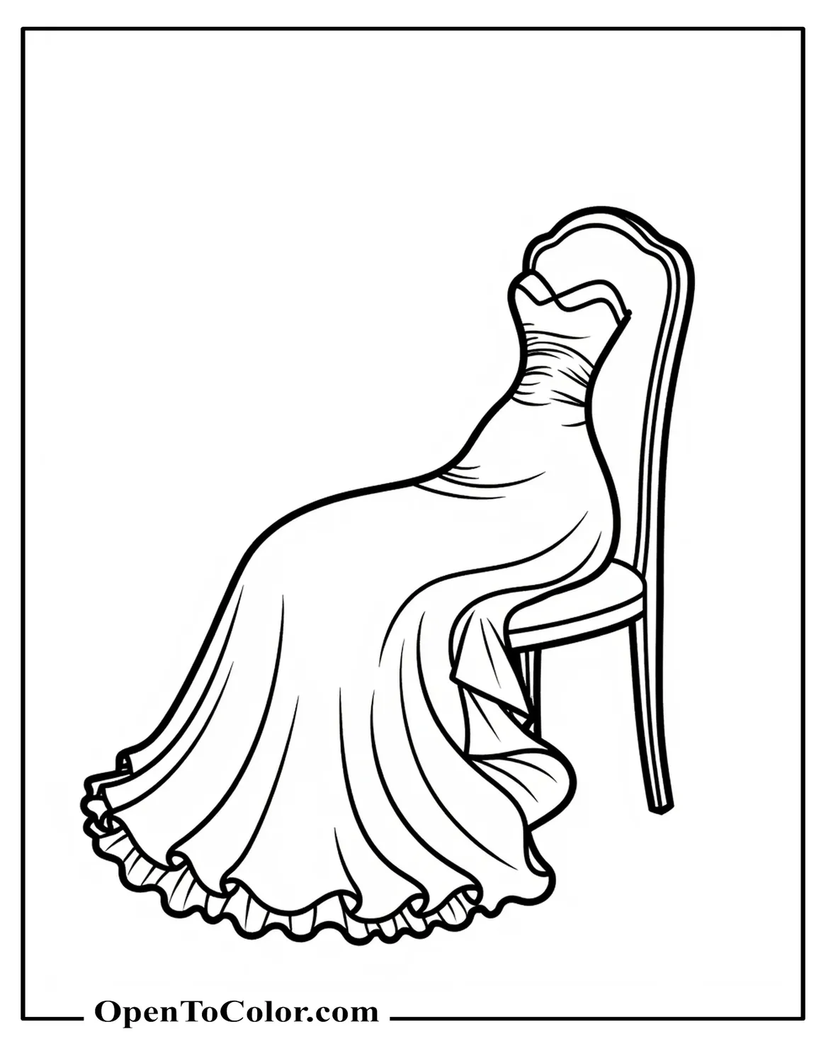 Free Coloring Sheet of Strapless Prom Dress with Ruffled Hem Draped Over Chair, Bold Outline, No Shading