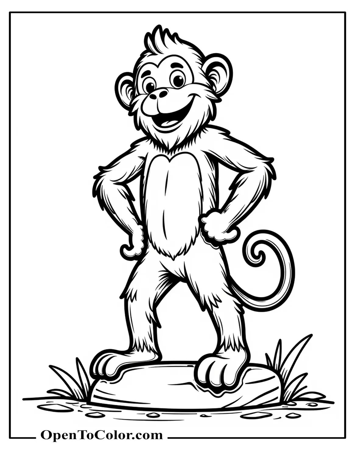Printable Coloring Page of Proud Monkey Standing Chest Out on Rock with Curled Tail
