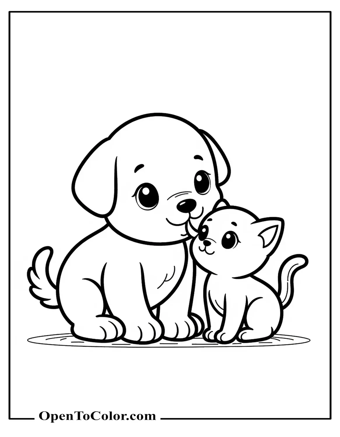 A Puppy Sitting And Licking A Kitten's Face Coloring Page PDF