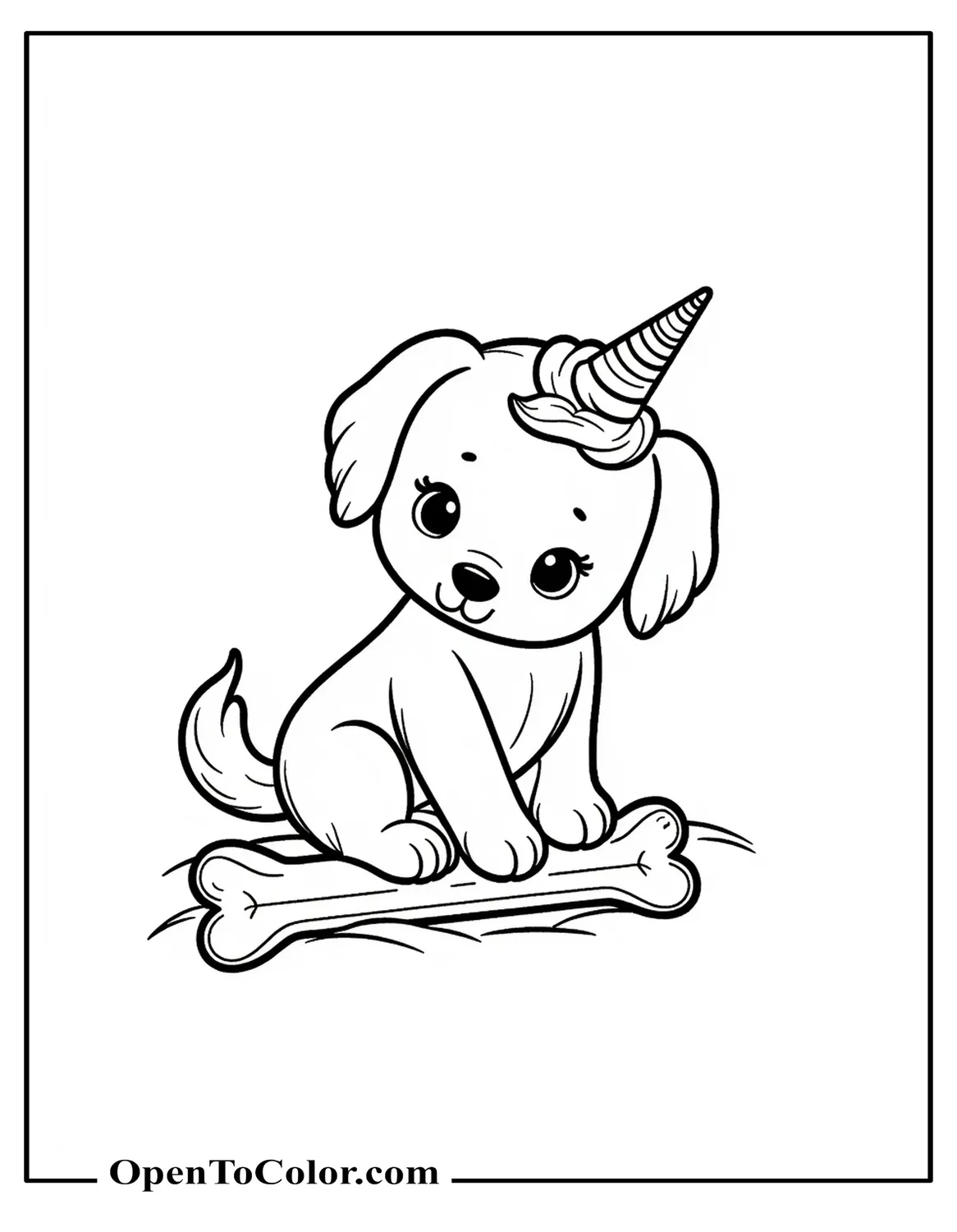 Coloring Page PDF of Puppy with Unicorn Horn Playing with Bone