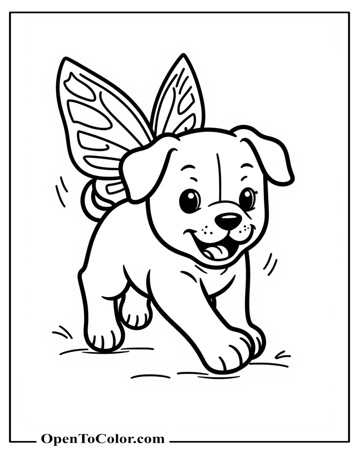Coloring Page PDF of Puppy Bounding Forward With Playful Butterfly Wings Attached