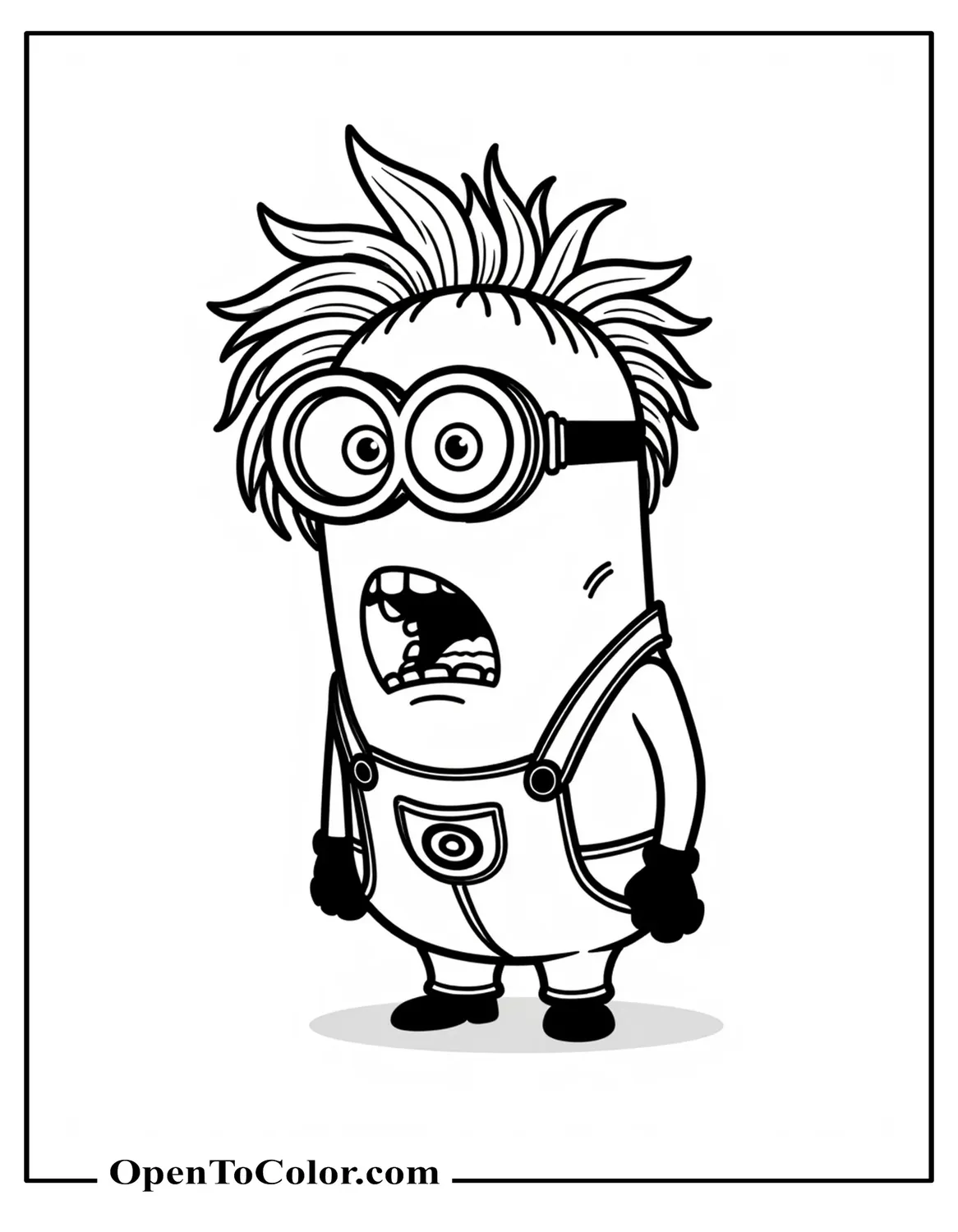 Free Coloring Sheet: Purple Wild-Haired Minion Snarling, Torn Overalls Fluttering