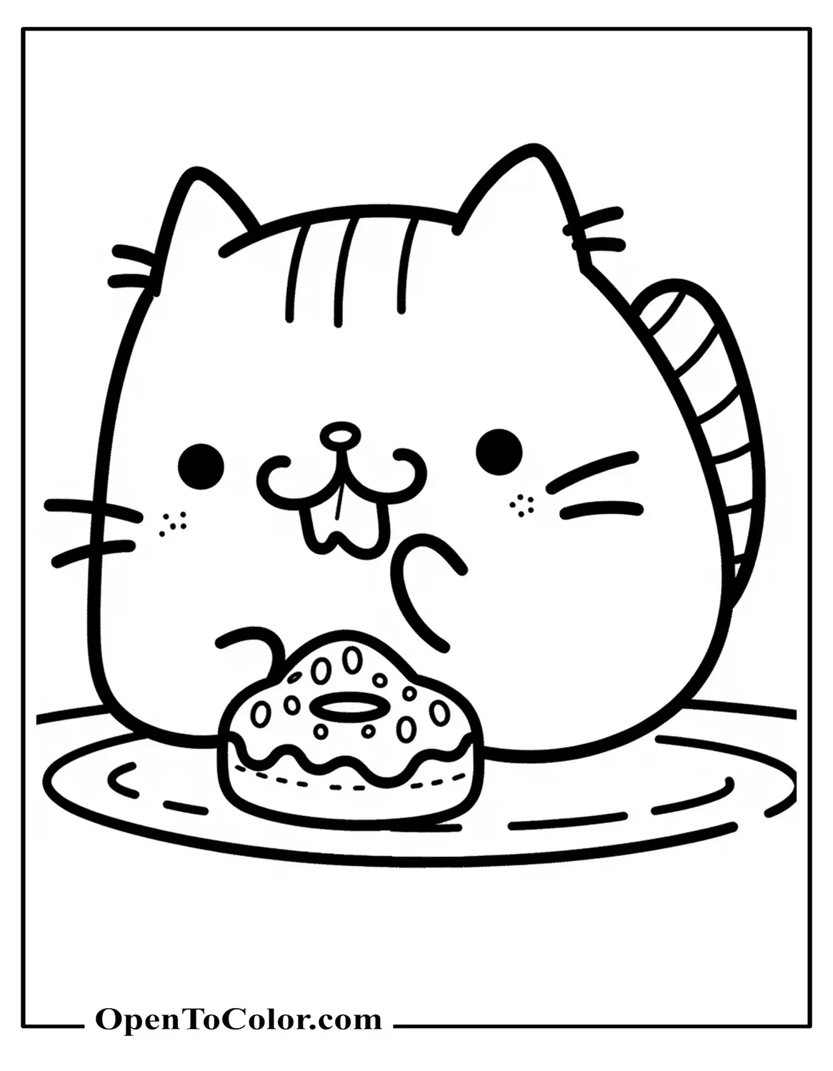 Free Coloring Page: Pusheen Cat Eating a Donut on a Table (Pusheen is a chubby gray cartoon cat from internet comics, usually seen doing cute or silly things)