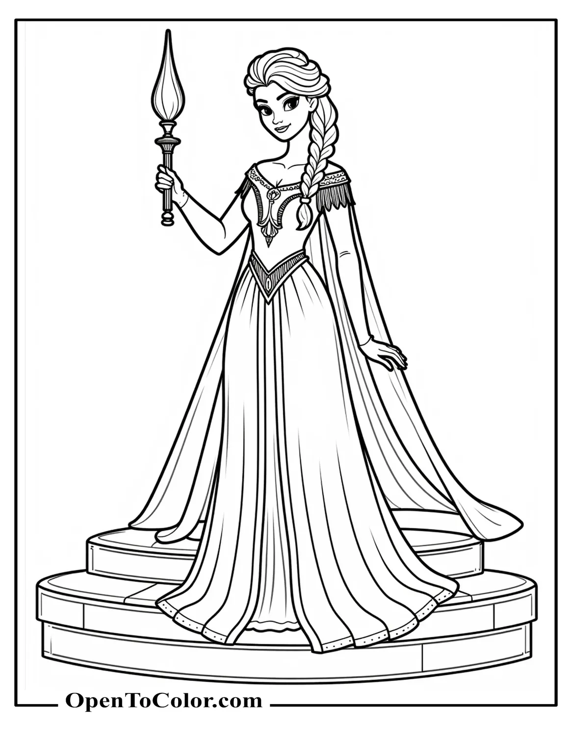 Queen Elsa raising ice scepter, regal pose on crystal steps, coloring sheet PDF.