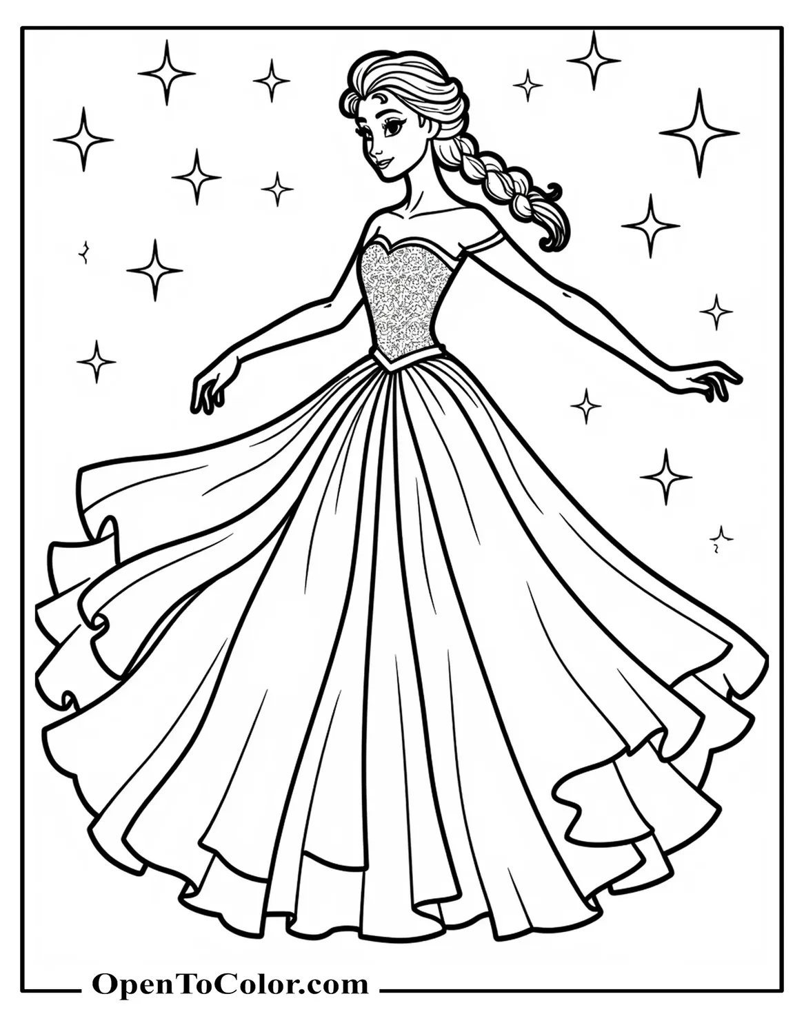 Free Coloring Sheet of Queen Elsa Dancing Under Night Sky Full of Stars, Gown Flowing