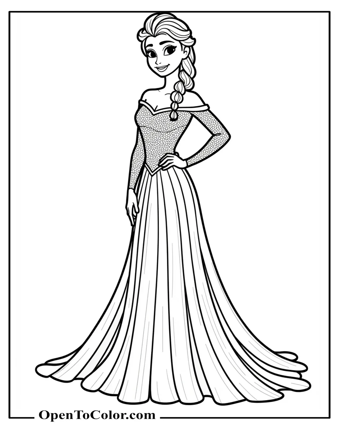 Queen Elsa wearing sparkling ice gown, confident stance, coloring sheet, printable.