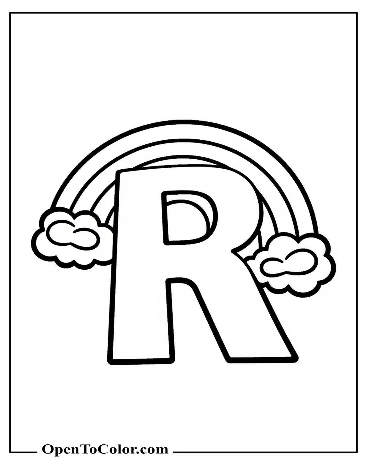 Large letter R wrapped by ribbon-like rainbow, simple background, coloring page PDF.