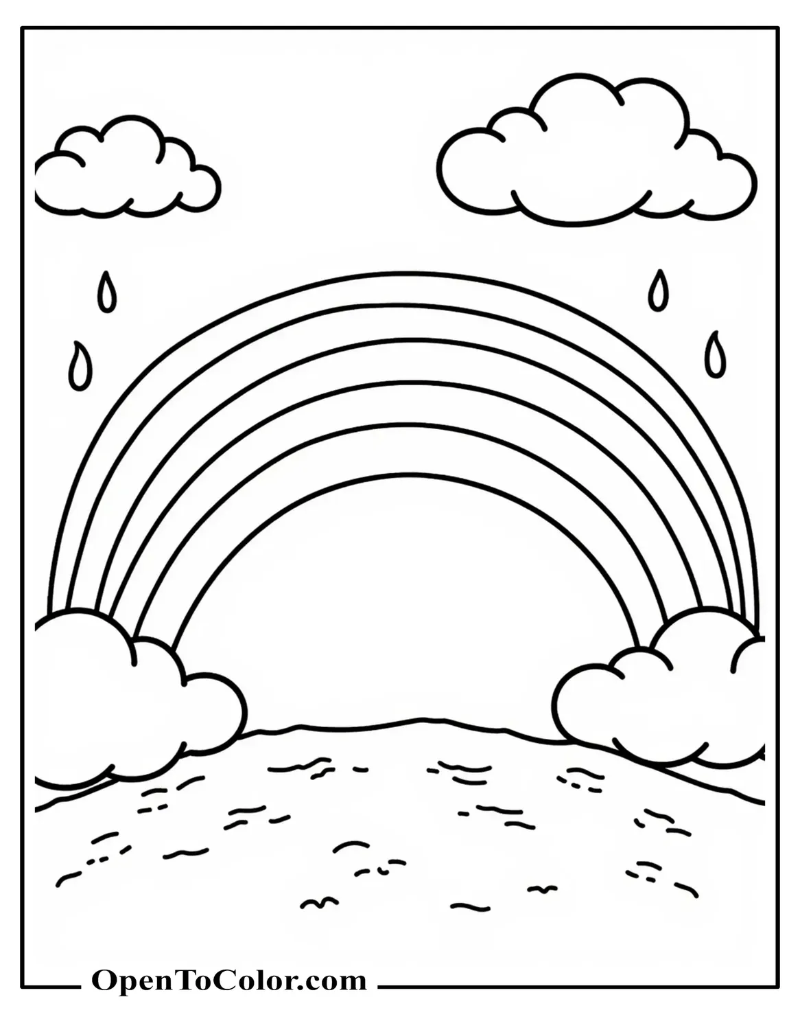 Printable coloring sheet of a rainbow stretching between two large clouds with gentle raindrop lines.