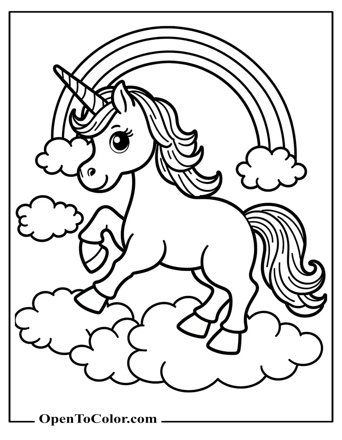 Unicorn and Rainbow Coloring Sheet PDF Above Fluffy Clouds