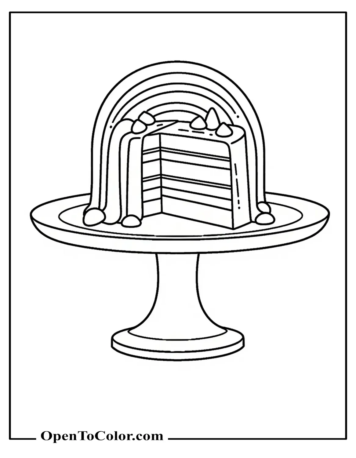 Free Coloring Page of Layered Cake Shaped Like Rainbow Arc on Pedestal, Simple Décor