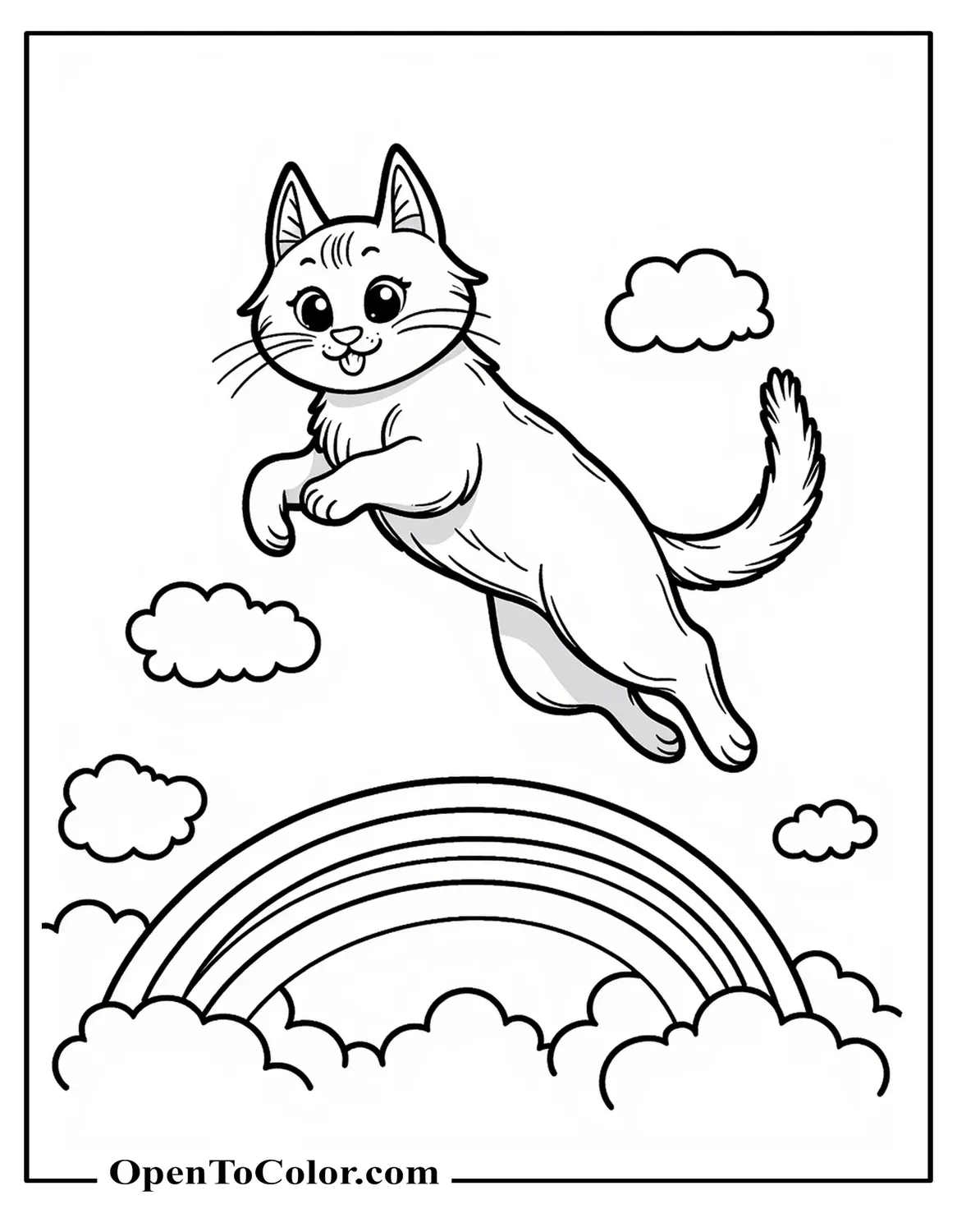 Free coloring sheet of a cat leaping over a rainbow with clouds.