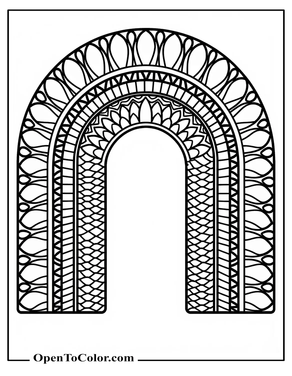 Intricate Mandala Framing Layered Rainbow, Geometric Patterns Within, Coloring Sheet PDF
