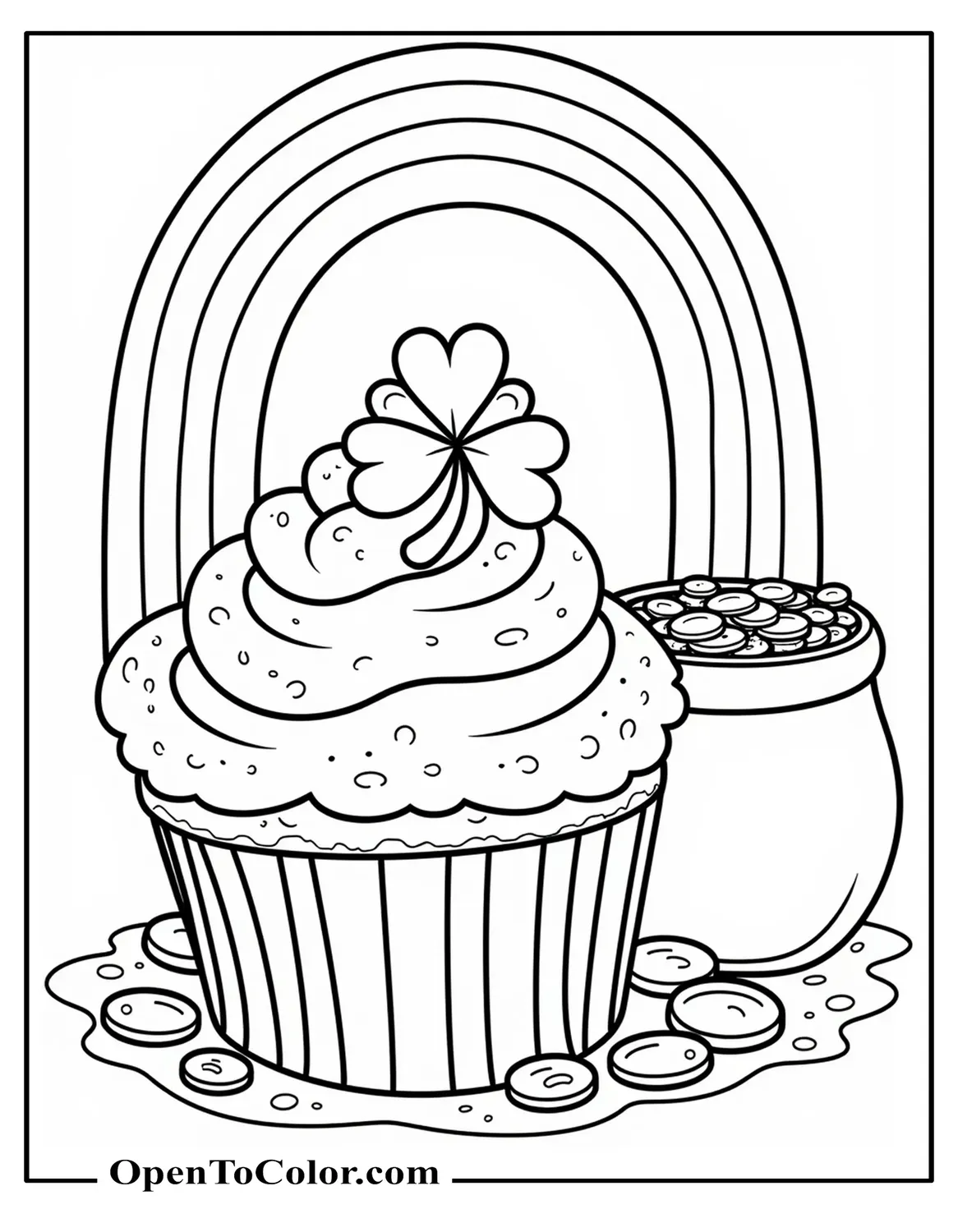 Free Coloring Sheet of Cupcake Topped with Shamrock Under Rainbow, Pot of Coins Behind