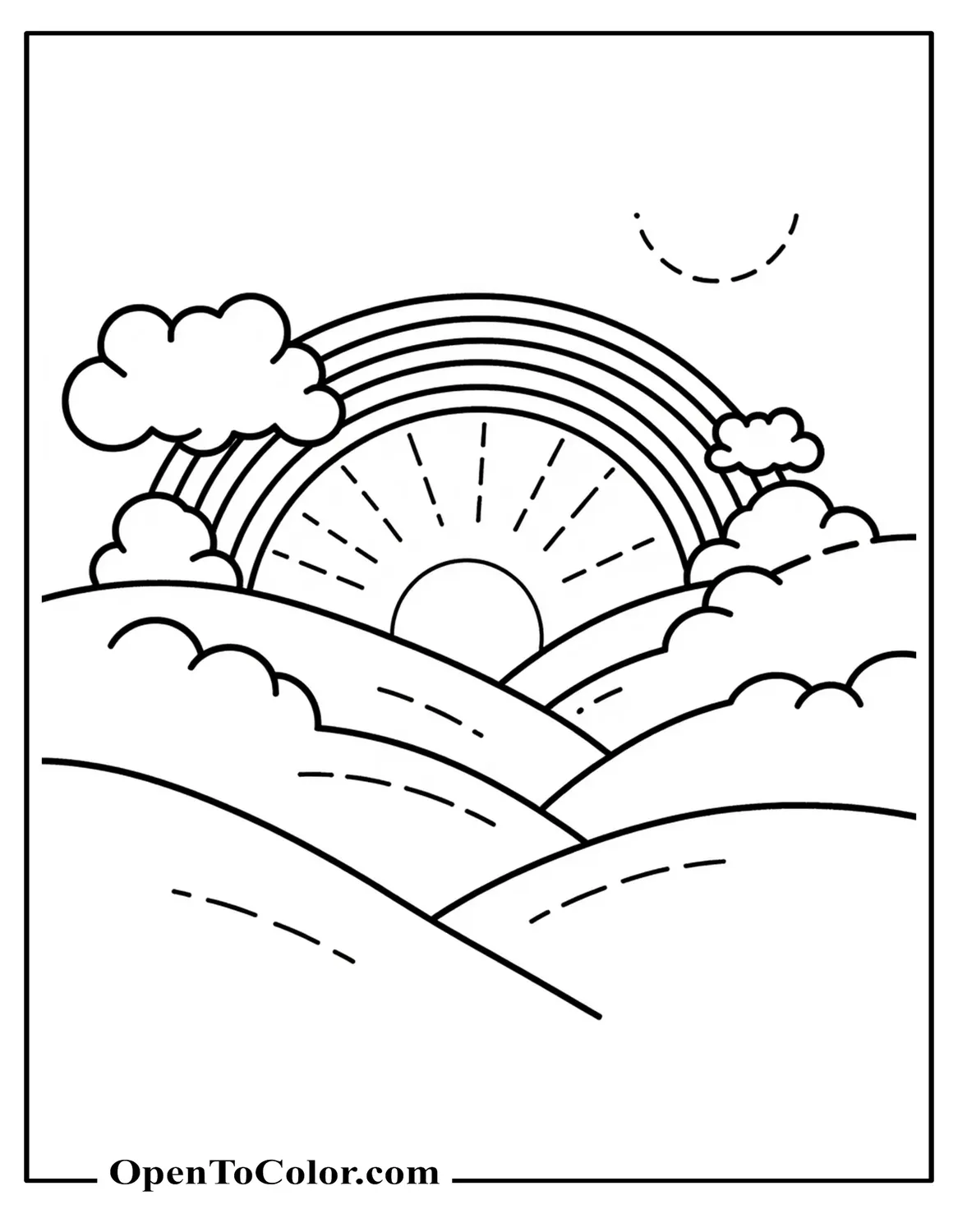 Coloring page PDF of wide rainbow arching over two gentle hills, sun rays behind dotted clouds.