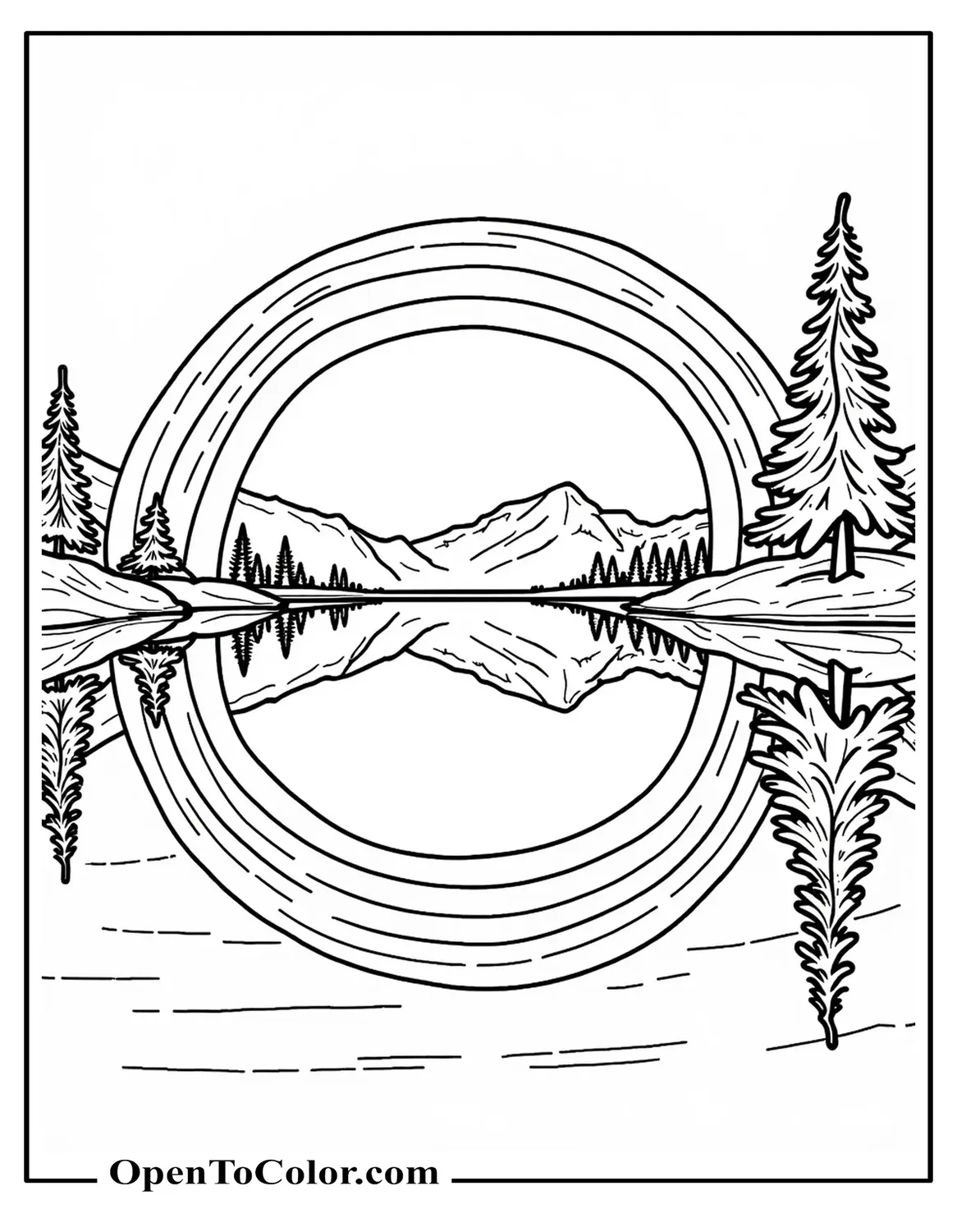 Detailed coloring page of a rainbow reflected in calm lake, pine trees on distant shore, available as a PDF.
