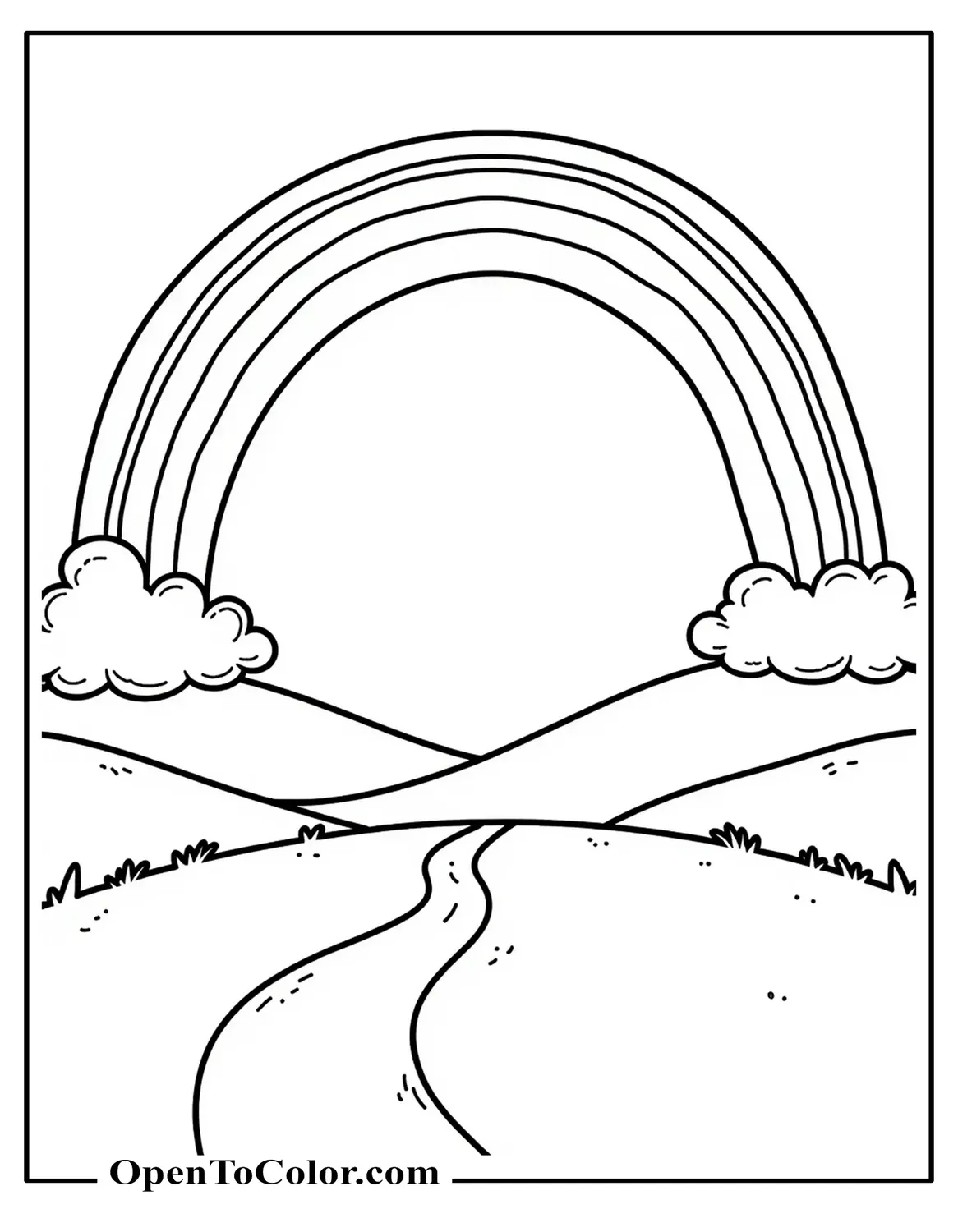 Printable coloring sheet of a simple rainbow spanning a small valley, with two fluffy clouds at the ends.