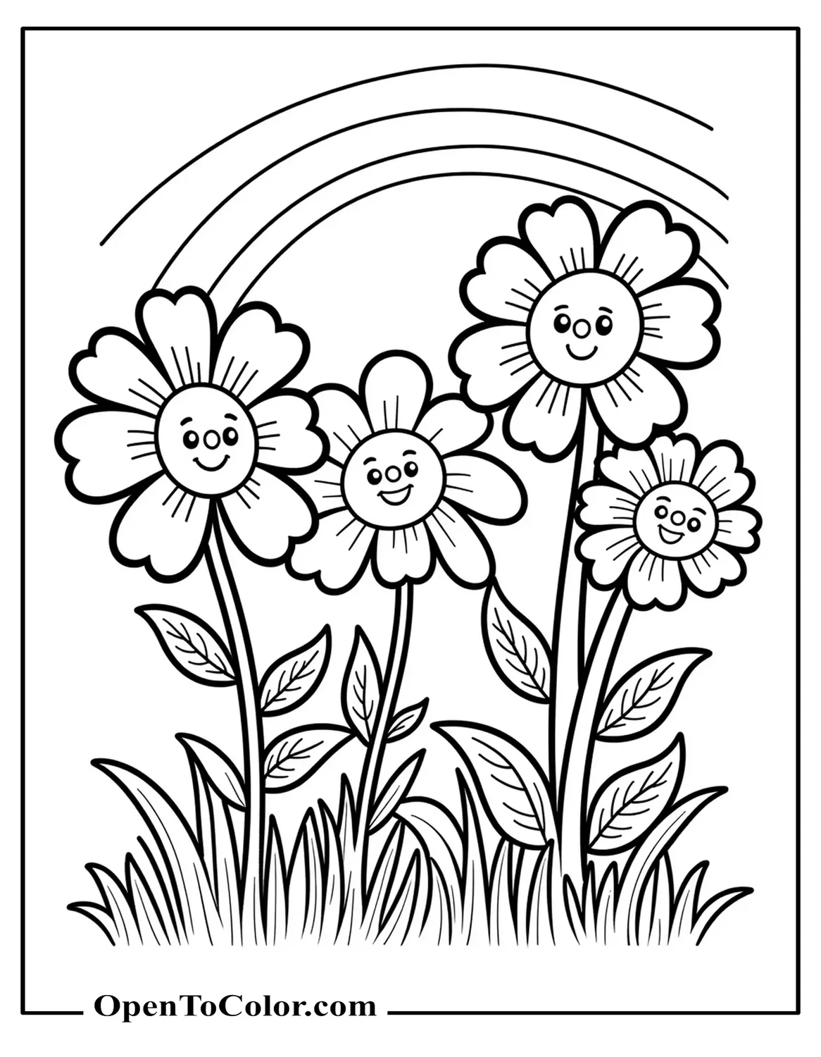 Free Coloring Sheet: Happy Cartoon Flowers Growing Under a Rainbow