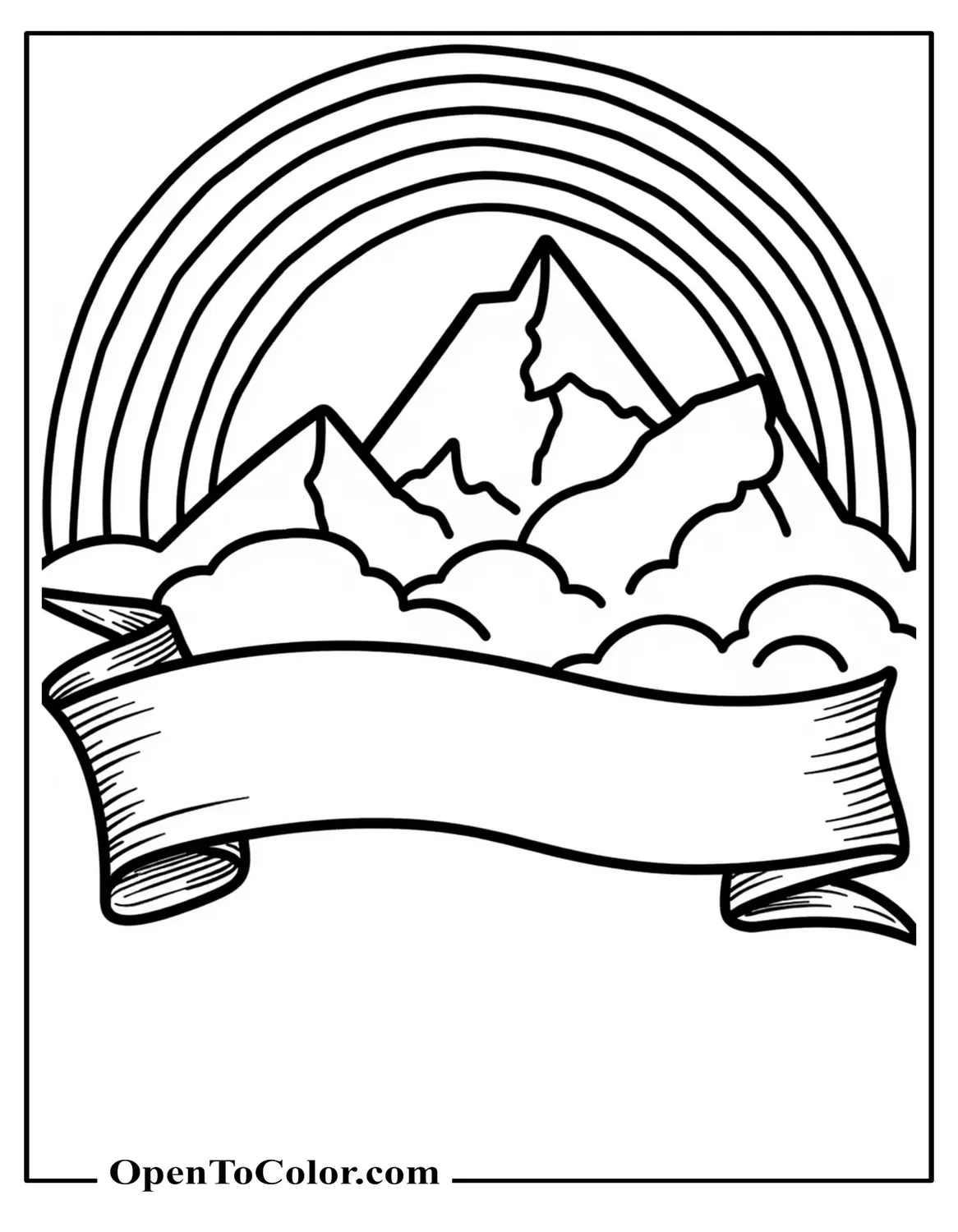 Free Coloring Sheet of Rainbow Draped Across Mountain Peaks, Blank Banner Beneath Arc
