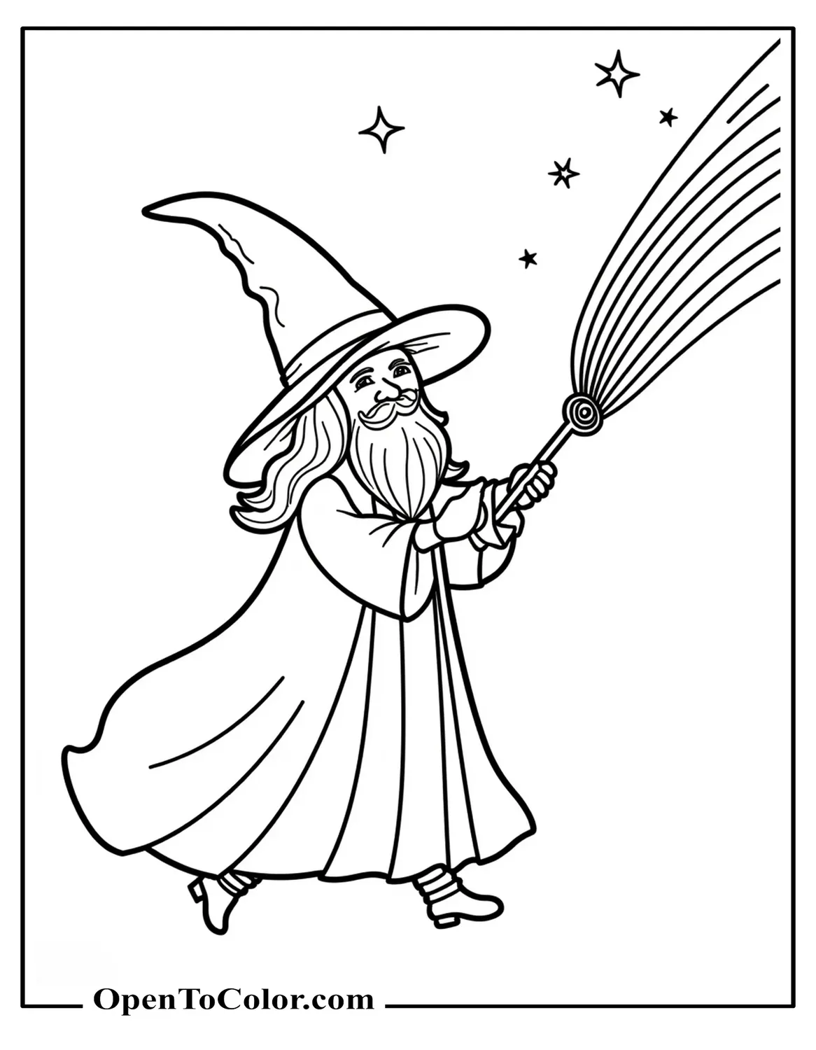 Free Coloring Sheet: Wizard Wand Casting Spiral Rainbow Beam, Tiny Stars Floating