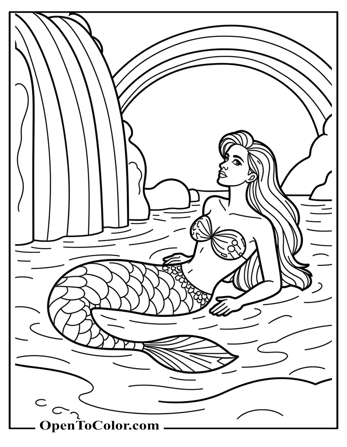Free Coloring Page of a Mermaid Arcing Through Sky Trailing a Rainbow