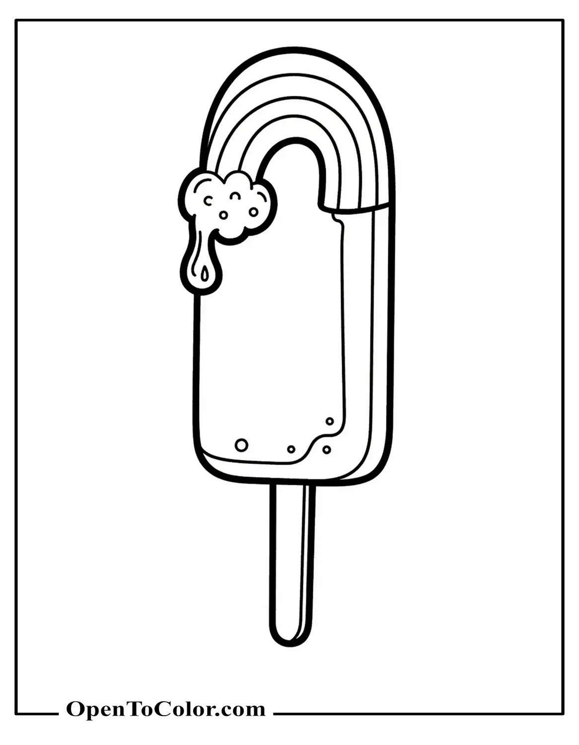Free Coloring Page of Popsicle Shaped Like Rainbow Arc on Stick, Small Drip at Tip