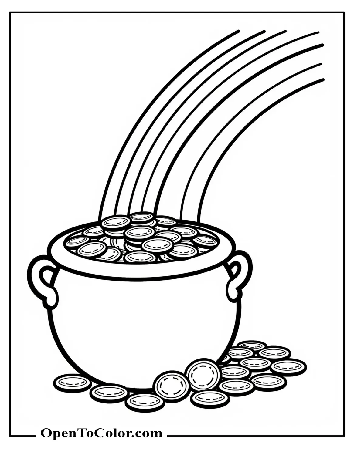 Rainbow Ending In Pot Of Gold, Coins Spilling Over Rim, Coloring Sheet PDF