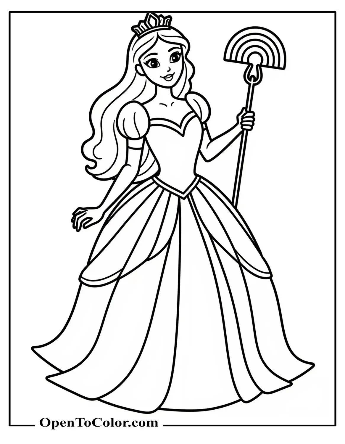 Princess holding scepter topped with small rainbow, gown flowing, coloring page PDF.