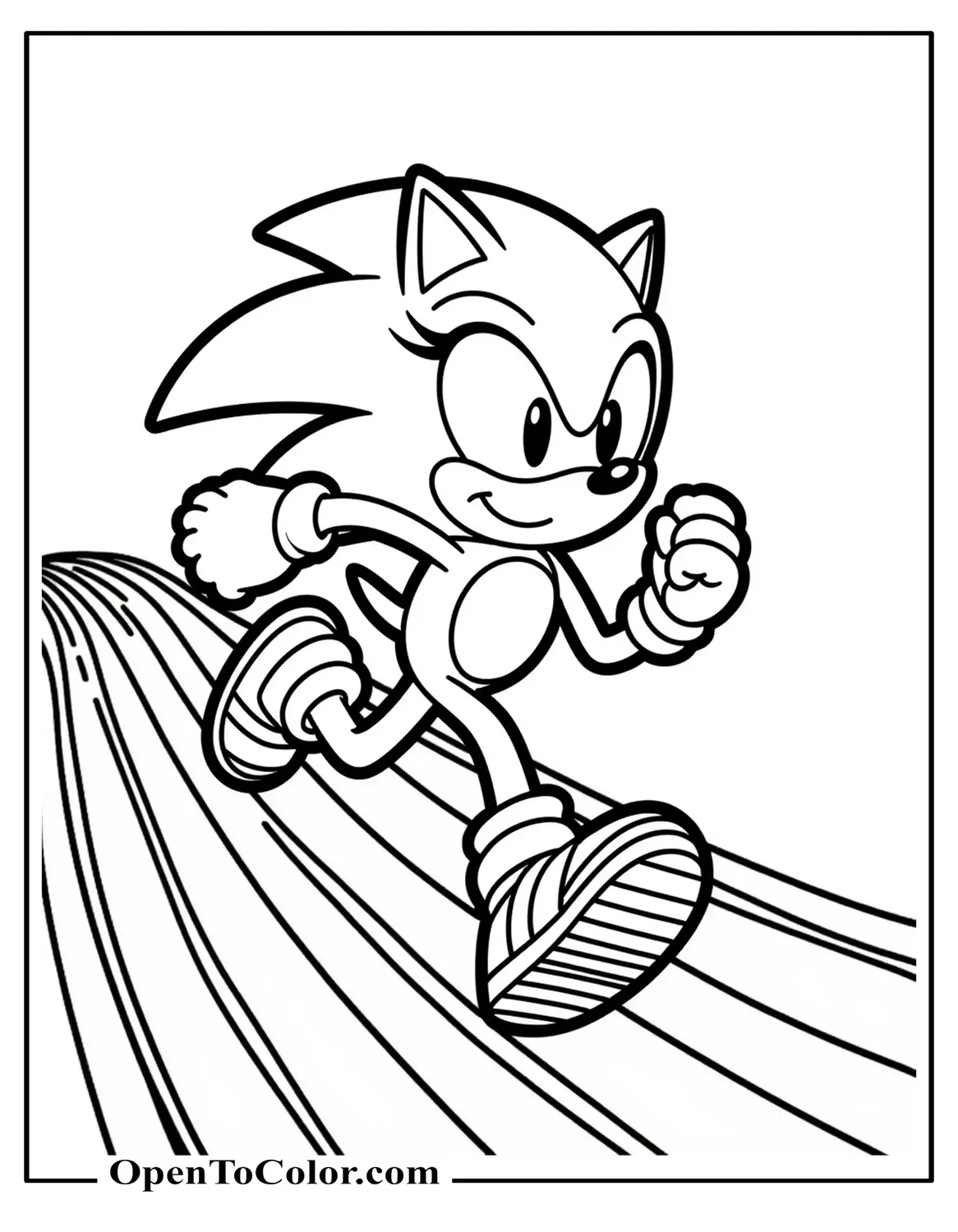 Sonic running along rainbow-shaped track, action pose, printable coloring sheet.