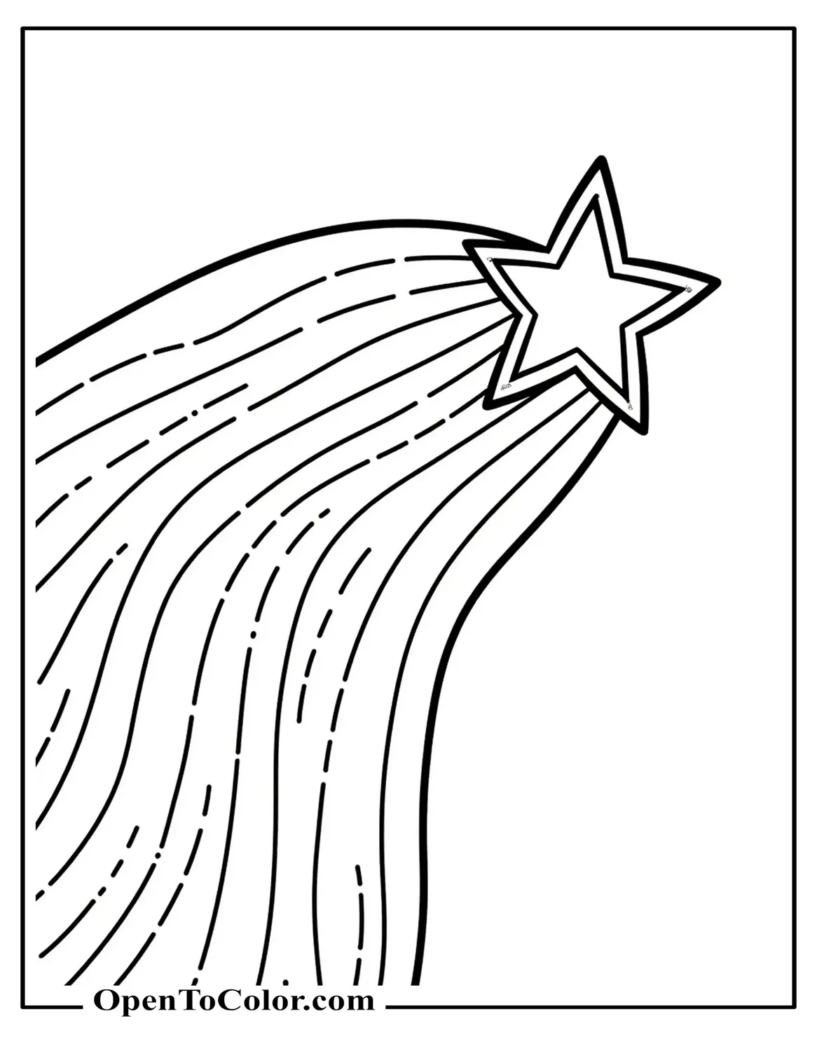 Free Coloring Page of a Five-Point Star with a Shooting Ribbon-Like Rainbow Trail and Sparkles