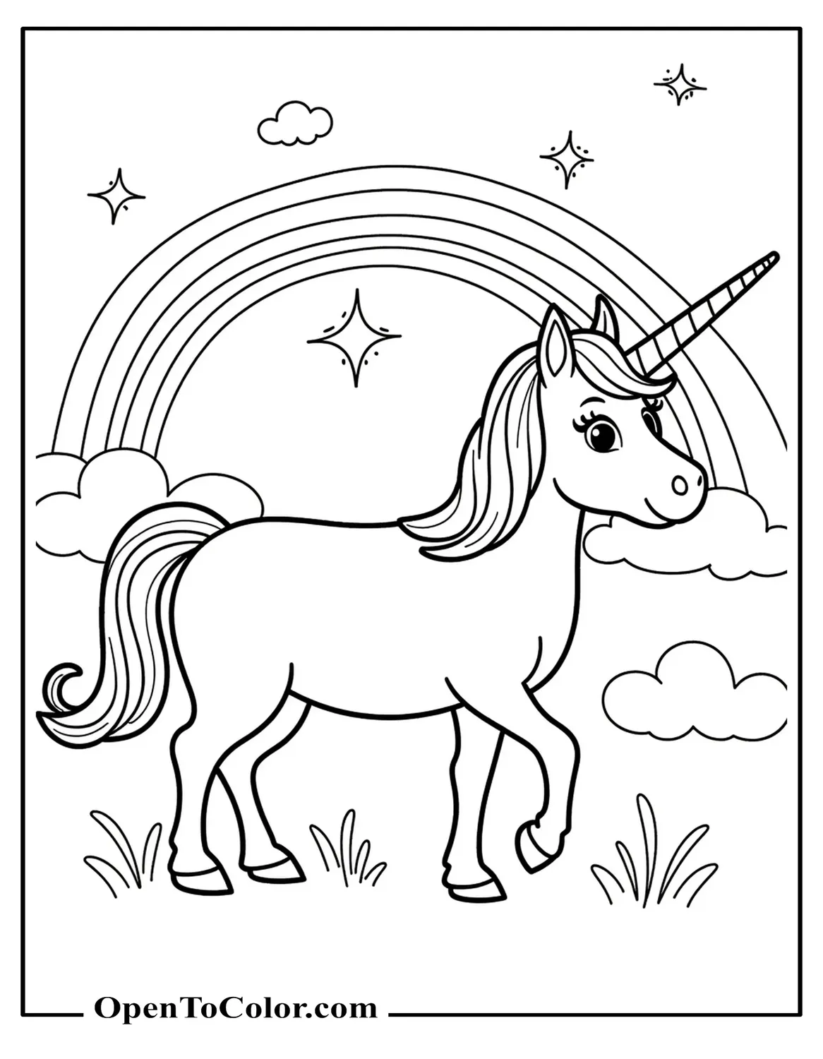 Free Coloring Page of a Unicorn Under a Rainbow with Sparkles in the Sky