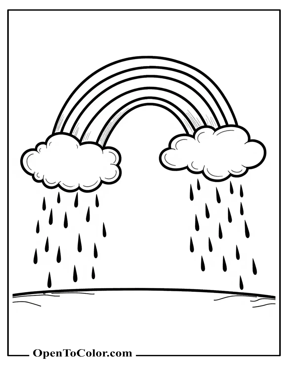 Free Coloring Page of a Rainbow Emerging from Two Puffy Clouds with Gentle Raindrops Falling