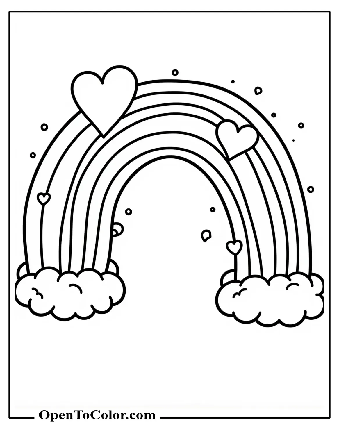 Rainbow arch coloring sheet sprinkled with floating heart shapes, cloud corners, PDF.