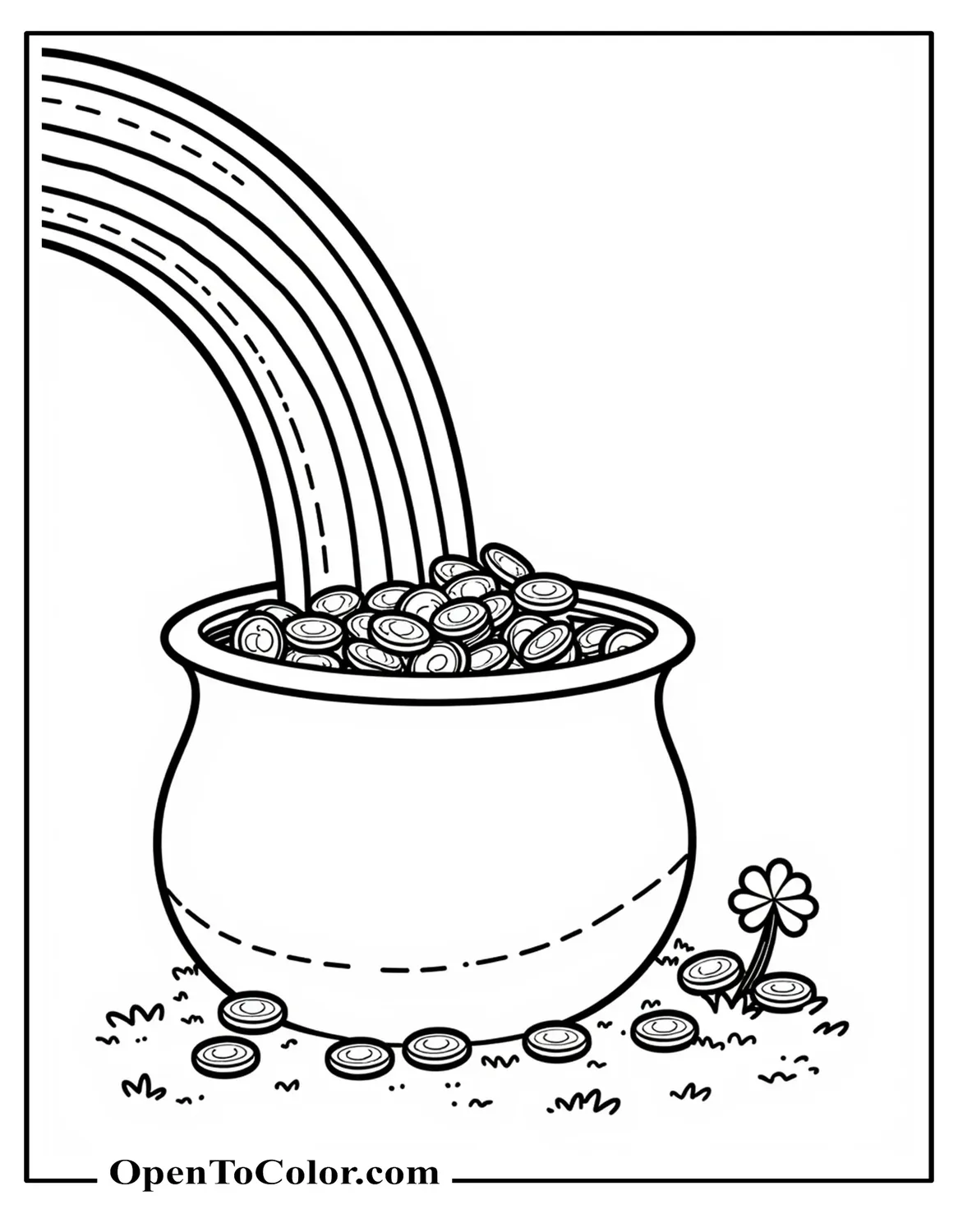 Printable Coloring Sheet of a Rainbow Pouring into a Cauldron of Coins, Small Shamrock on Side