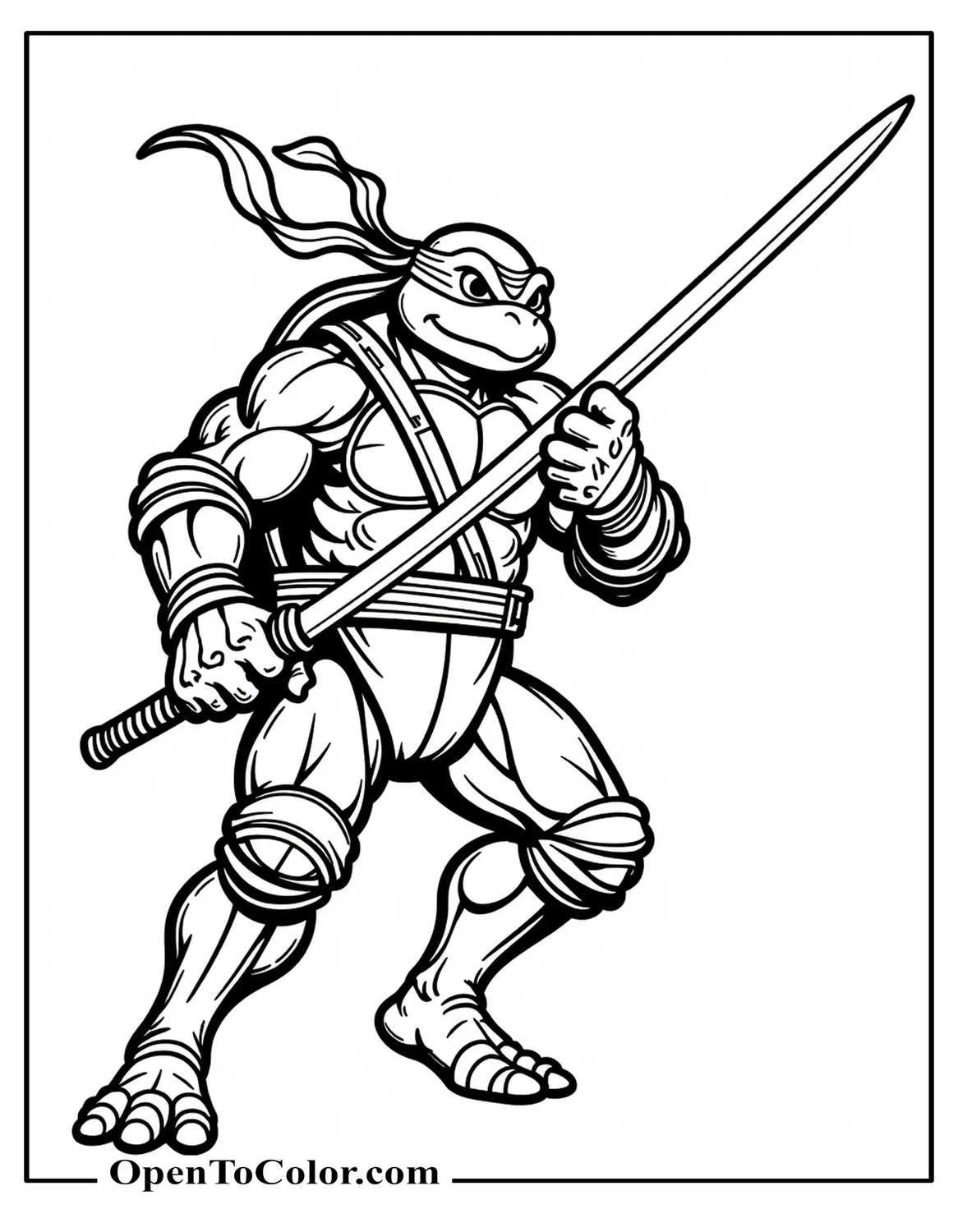 Free Coloring Sheet of Raphael Ninja Turtle Flexing Muscles While Spinning Twin Sai, Detailed Comic Shading