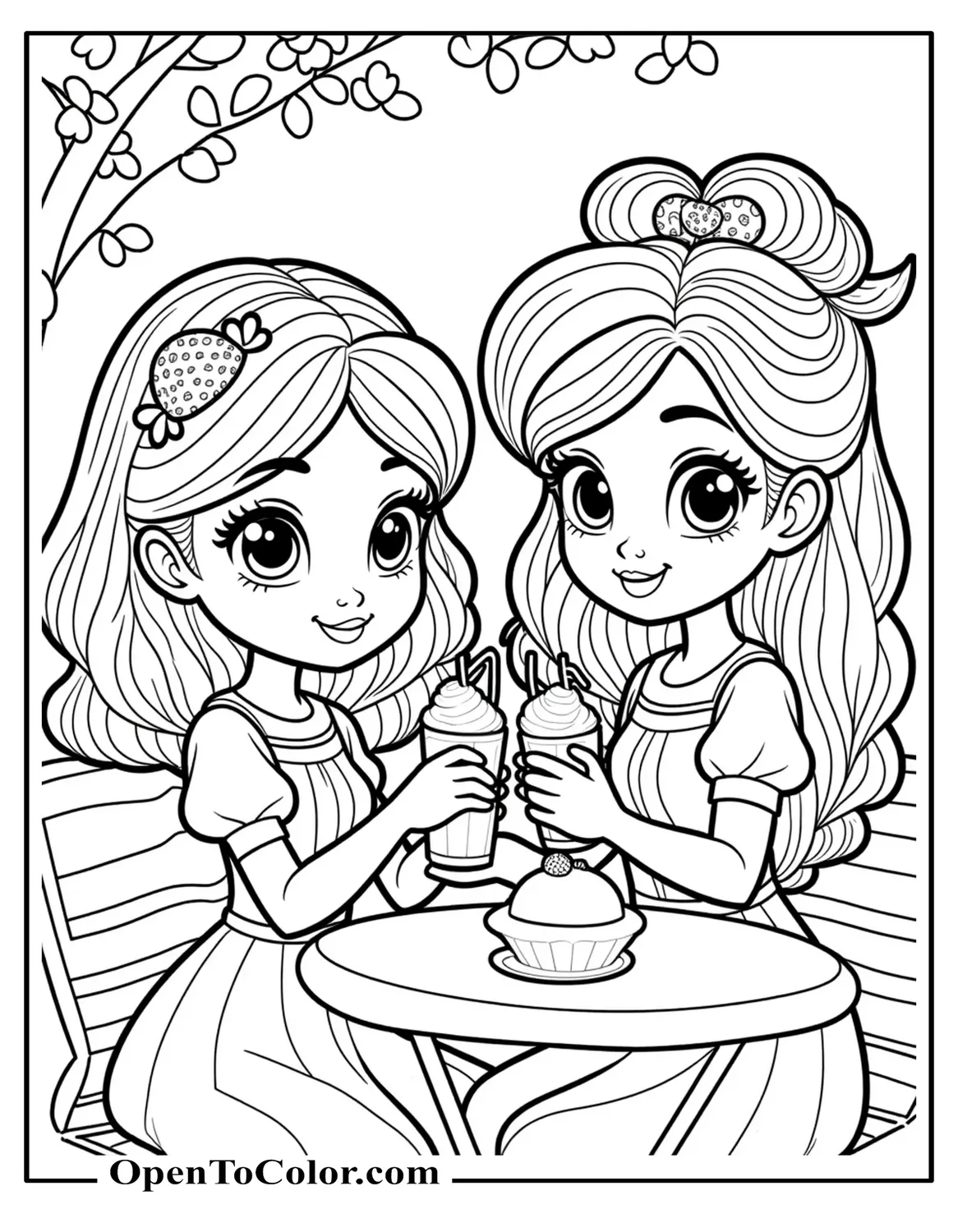 Printable coloring sheet of Strawberry Shortcake sharing a berry smoothie with Raspberry Torte at an outdoor café.
