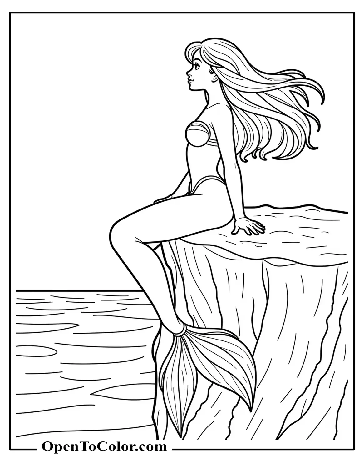 Realistic Ariel Gazing At The Horizon From A Cliffside, Wind Catching Her Long Hair, Printable Coloring Page