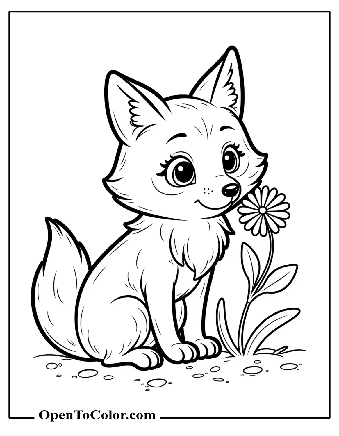 Printable Coloring Sheet of a Realistic Baby Fox Sniffing a Flower