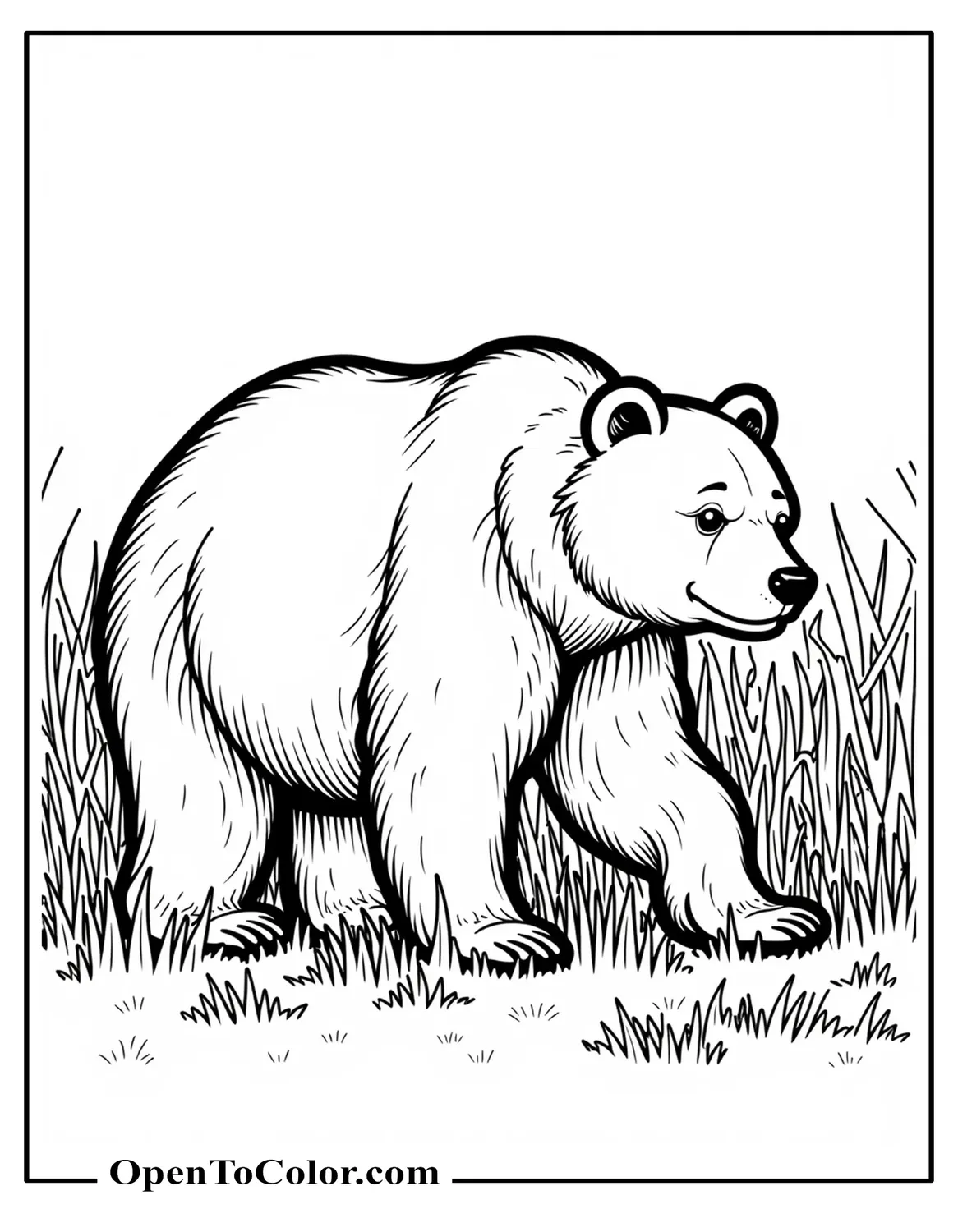 Highly detailed bear coloring sheet walking through tall grass with fur texture, PDF.