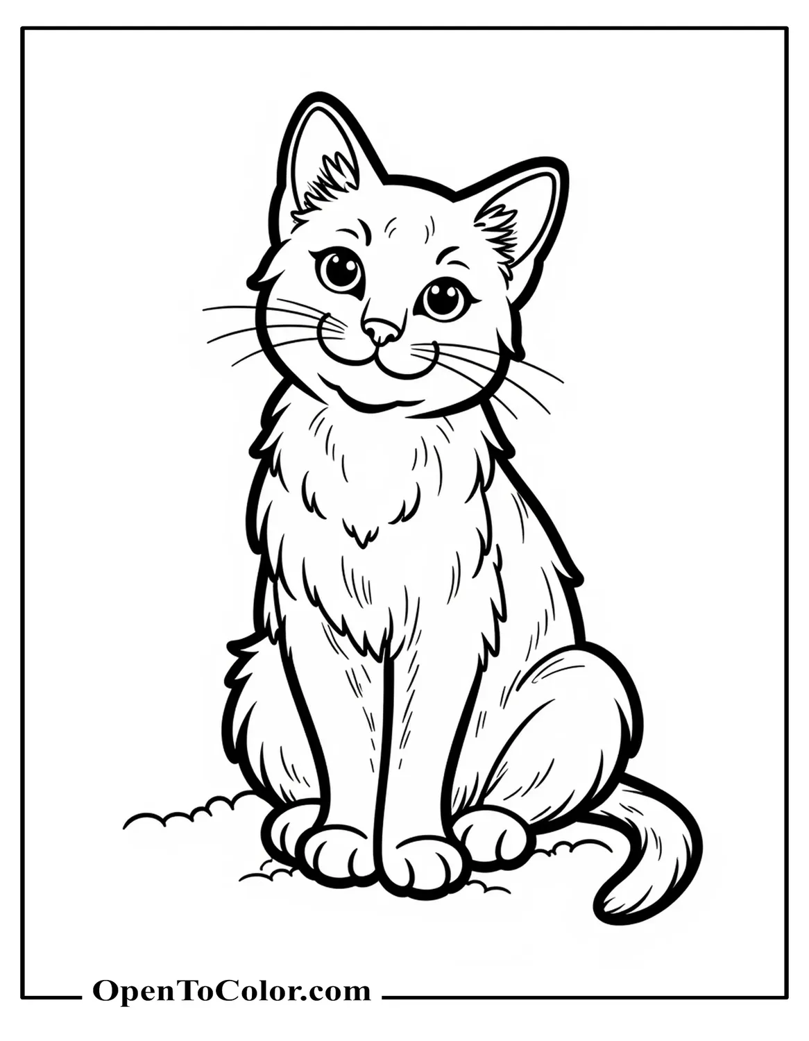 Realistic cat coloring sheet sitting and staring forward with fur texture detail PDF